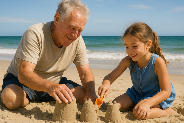 grandfather and grandaughter building sand castles