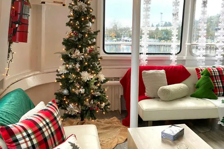 indoor boat cabin with holiday decor