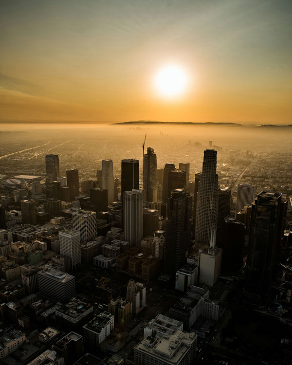 flying over LA at sunset