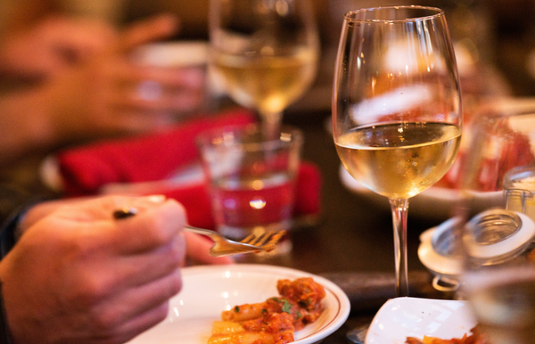 pasta and wine on table