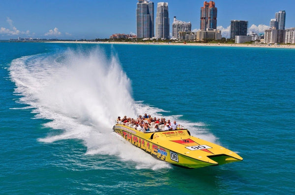 Speed boat with skyline background