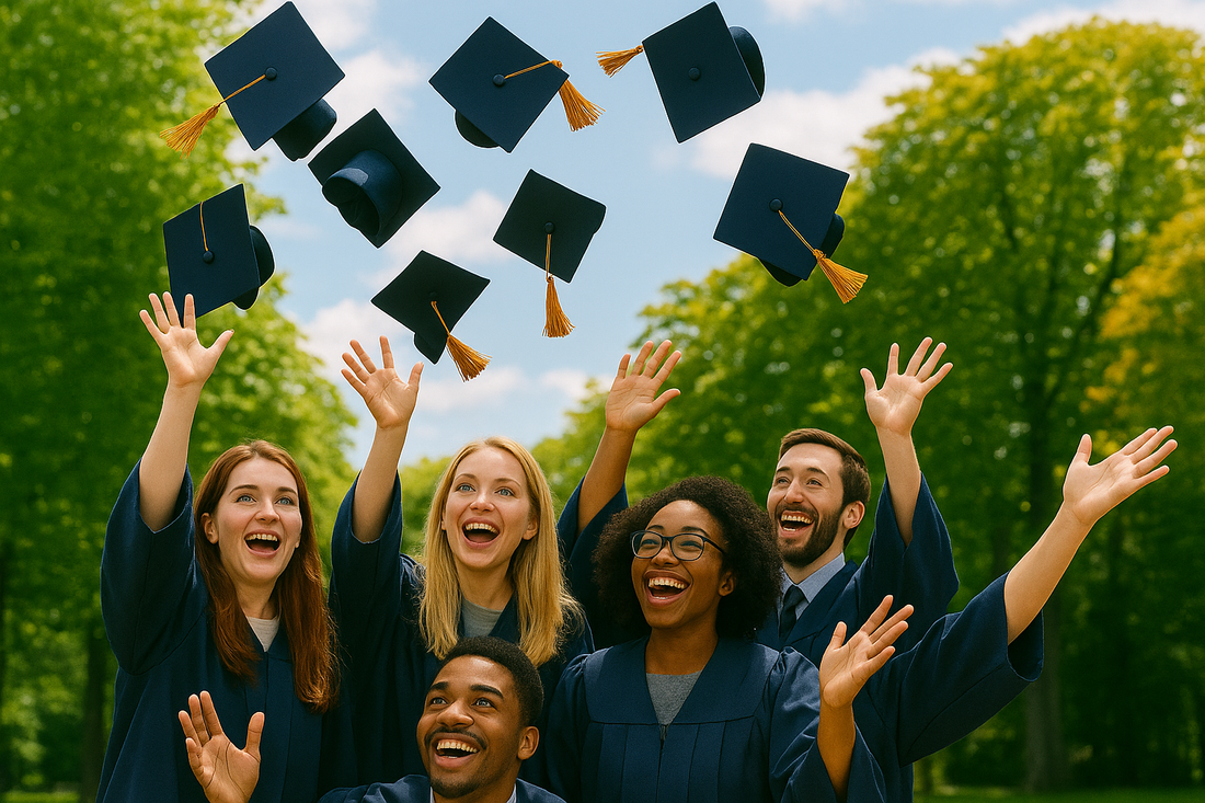 group of graduates throwing hat in air