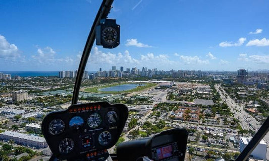 Inside of a helicopter with skyline