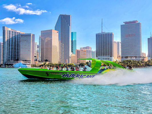 Speed boat with skyline background