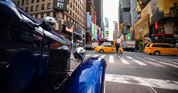 blue vintage car in nyc