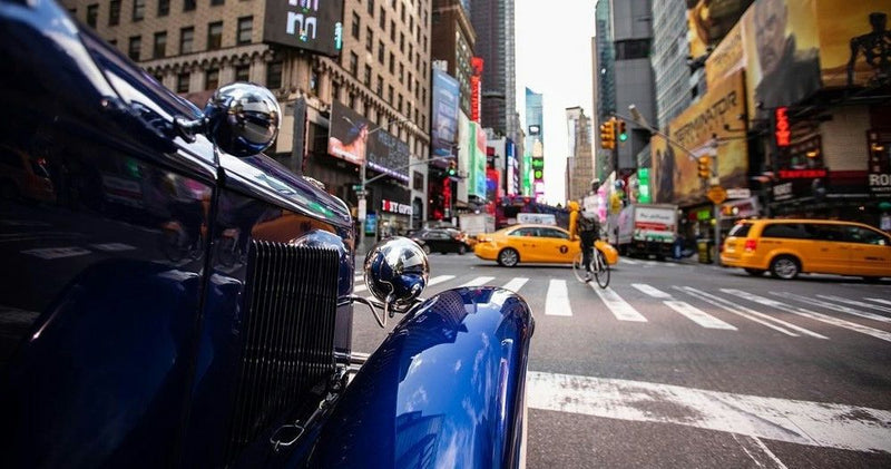 blue vintage car in nyc