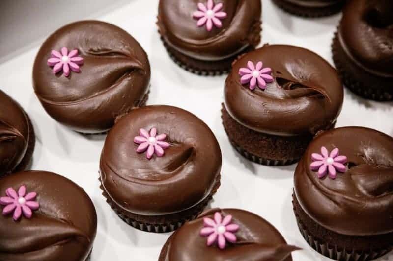 chocolate-cupcakes-with-pink-flowers
