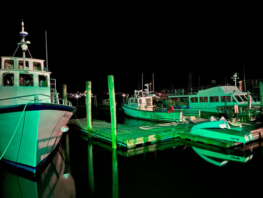 harbor lit green with boats