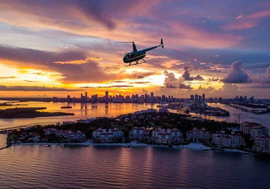 helicopter over purple sunset