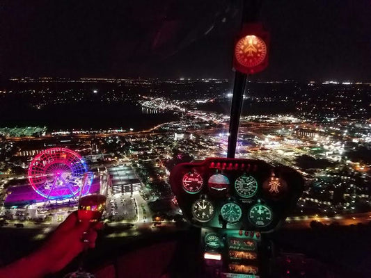 inside helicopter at night