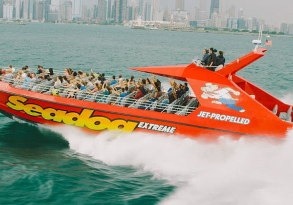 mega speed boat in lake michigane