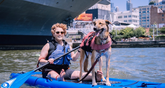 owner with dog paddling