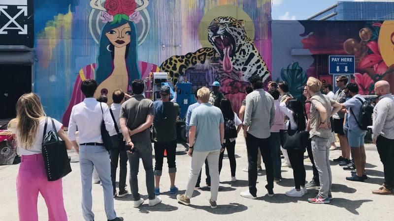 people-looking-at-mural-of-woman-and-cheetah-on-an-art-tour