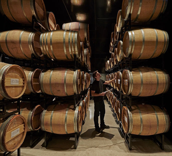 person between wine barrels