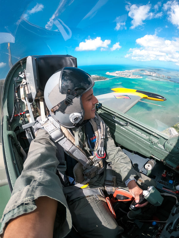 selfie with water beneath in fighter jet