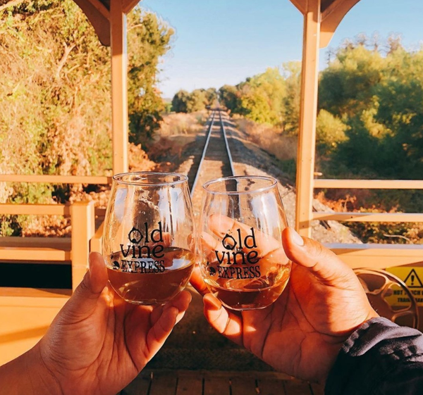 women with wine on train