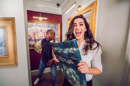 woman looking surprised while taking a painting
