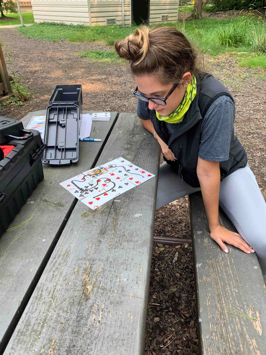 woman on a picnic bench solving escape puzzle