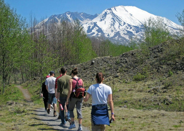 Group hiking towards mountain